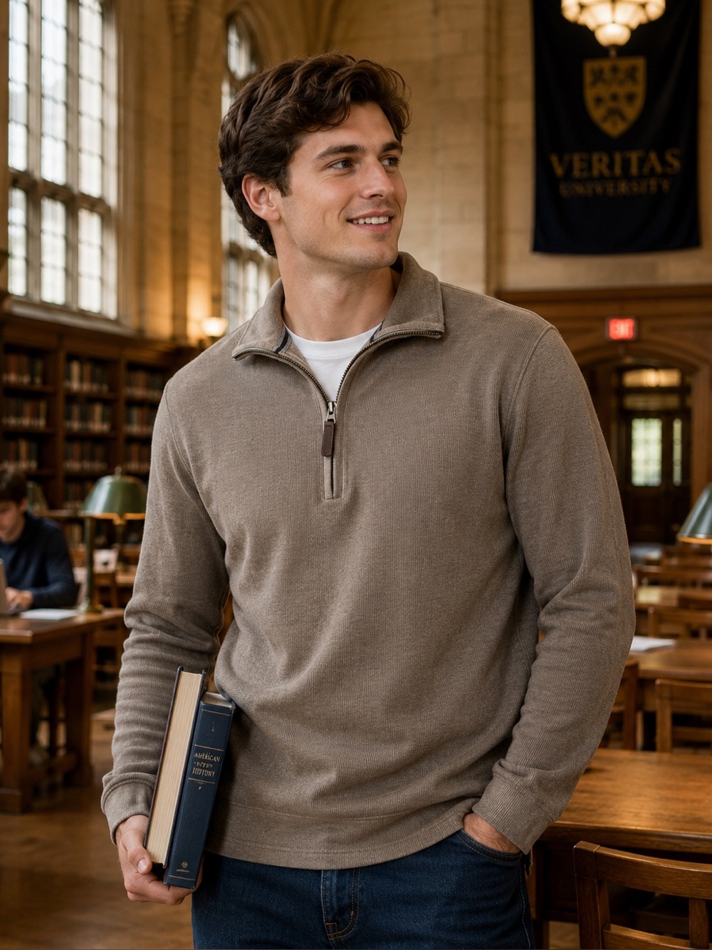 Banana Republic 100% Cotton Quarter-Zip Sweater | Men’s Medium | Elbow Patches - Picture 2 of 9